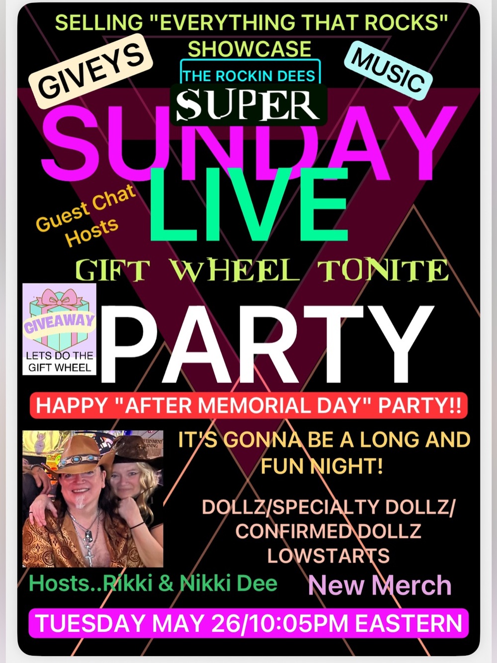 "AFTER MEMORIAL DAY LIVE PARTY"/GIFT WHEEL/SPECIALTY MERCH/ MUSIK/GIVEAWAYS